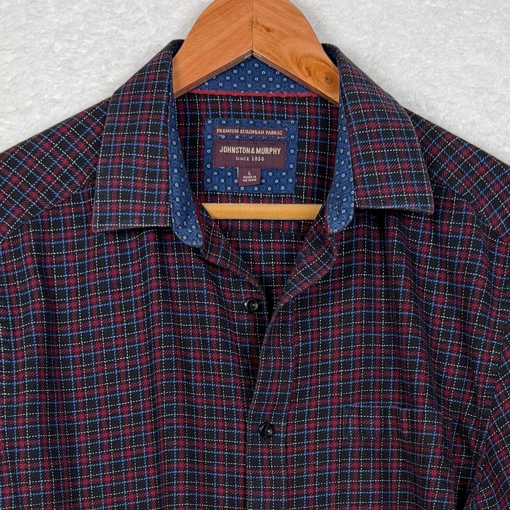Johnston & Murphy Button Down Mens L Burgundy Blue Plaid Premium European Fabric